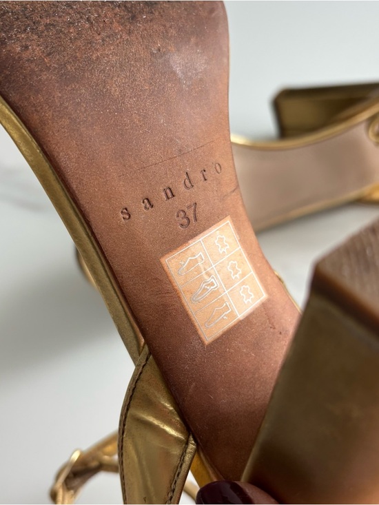 Sandro Metallic Gold Ankle-Strap Block Heel Sandals Sz 37 - Picture 7 of 9